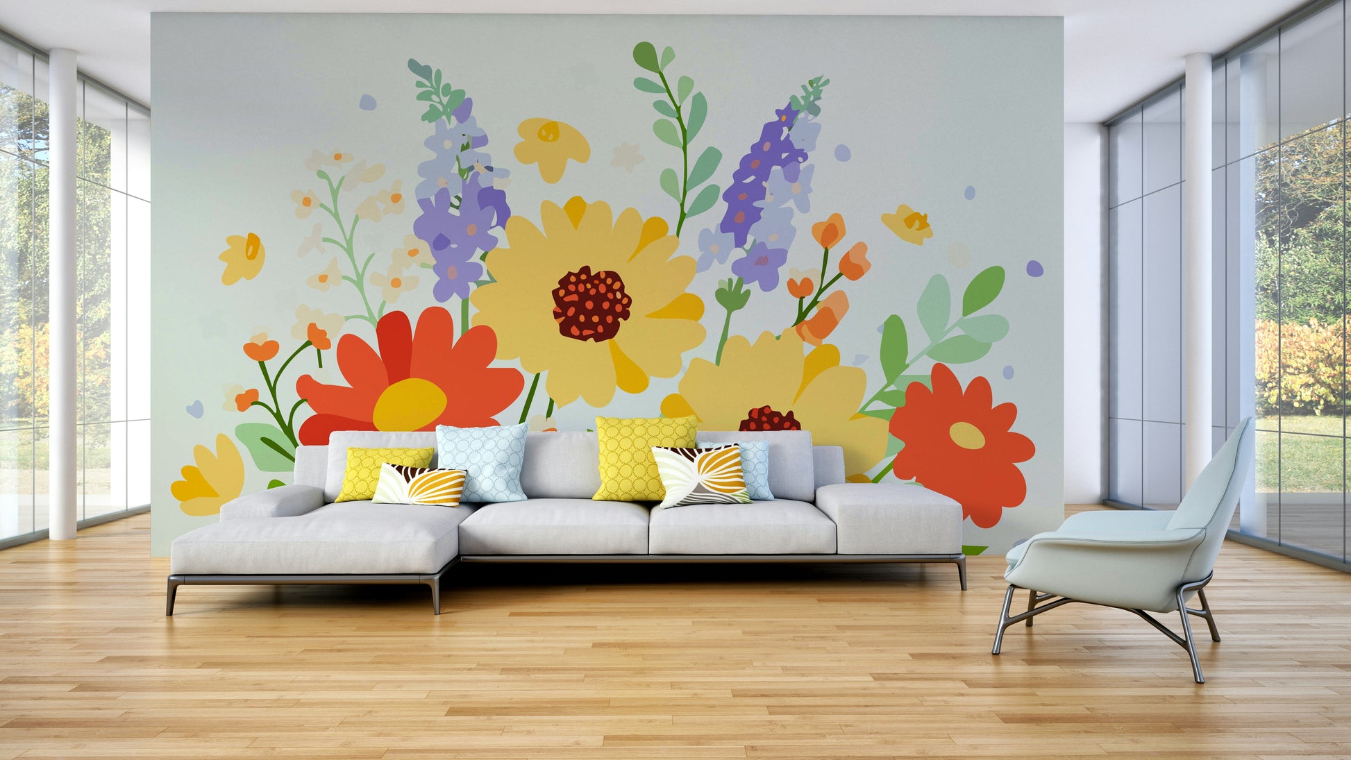 The mural shows a peaceful garden scene with various flowers and plants.


