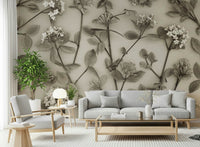 A refined wallpaper depicting clusters of delicate flowers and leaves arranged in a natural flow.