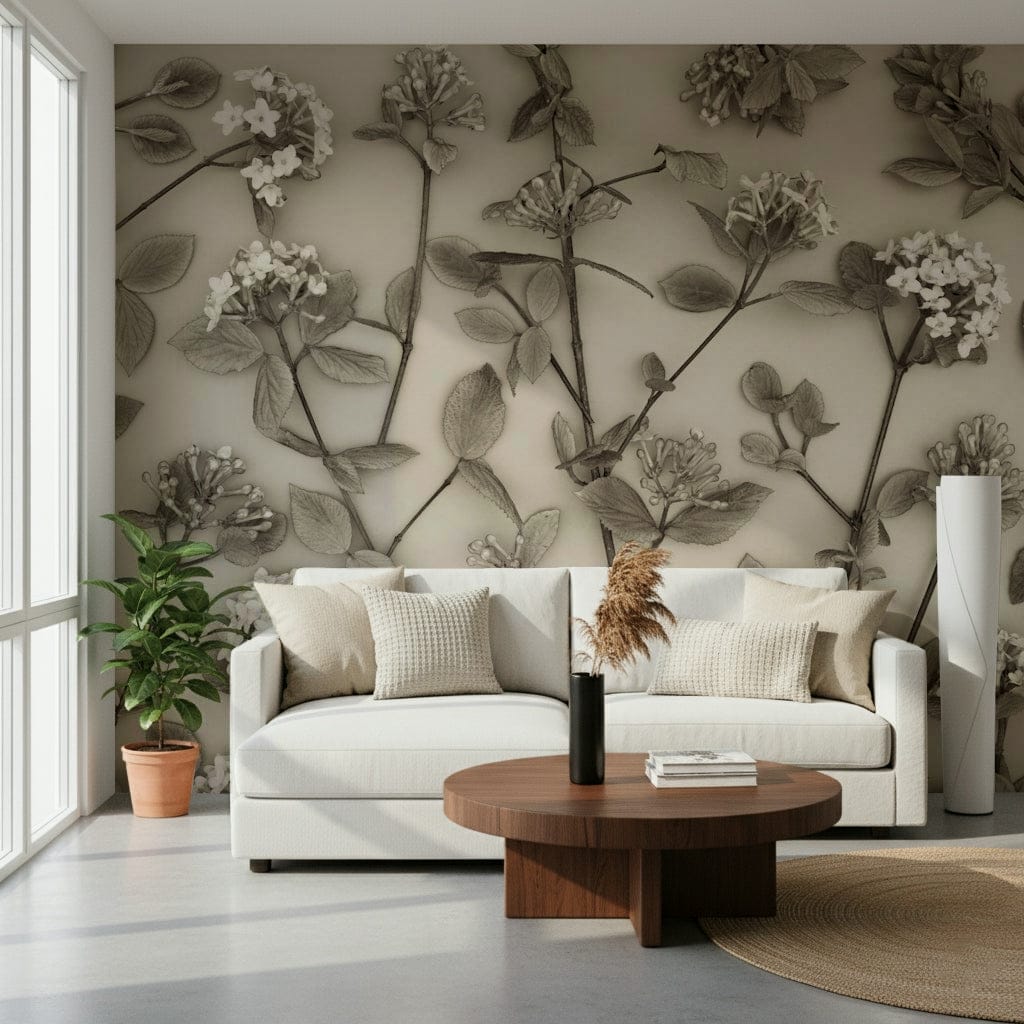 A textured-look wallpaper showing blooming branches with a subtle vintage floral charm.