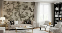 A botanical wallpaper displaying graceful blossoms and leaves illustrated in refined, neutral hues.