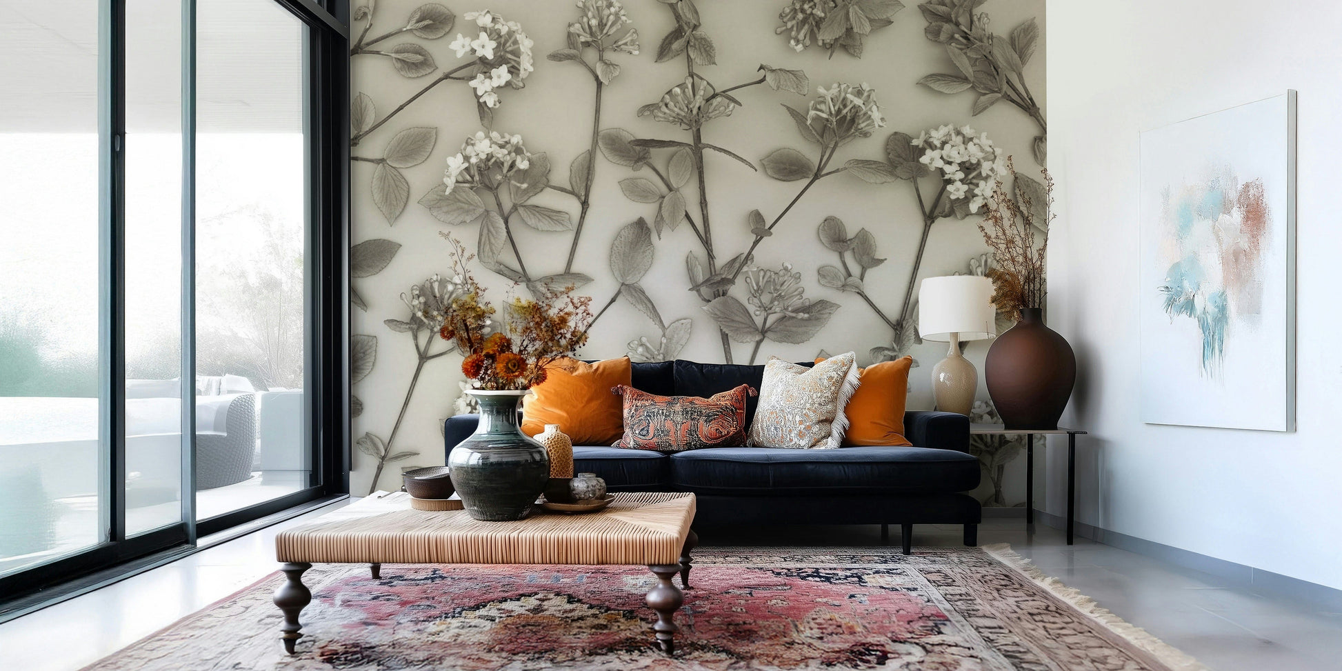 A calming wallpaper showcasing detailed floral branches with subtle shading and gentle blossoms.