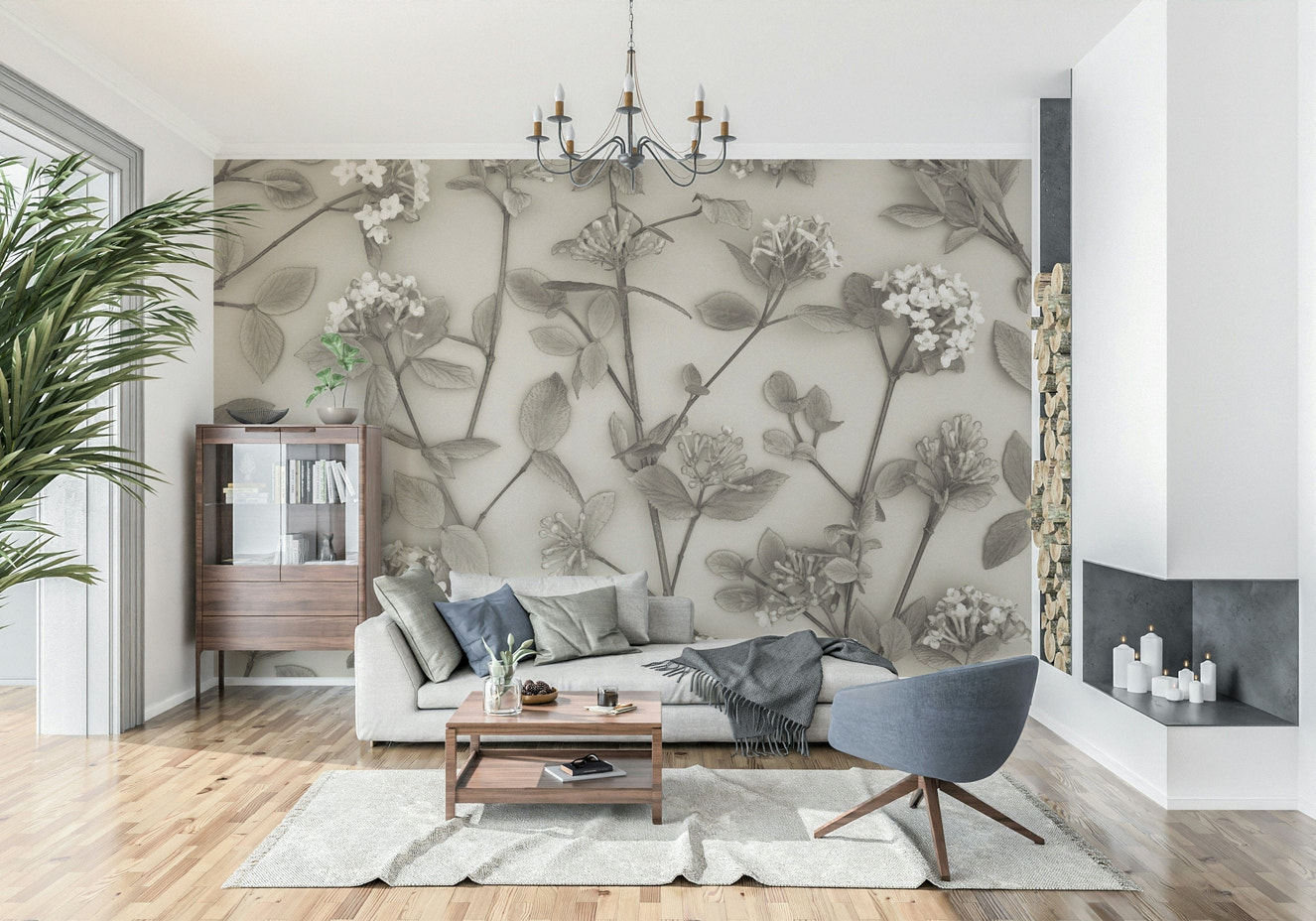 This wallpaper features delicate spring blossoms sketched in soft, muted tones for an elegant look.