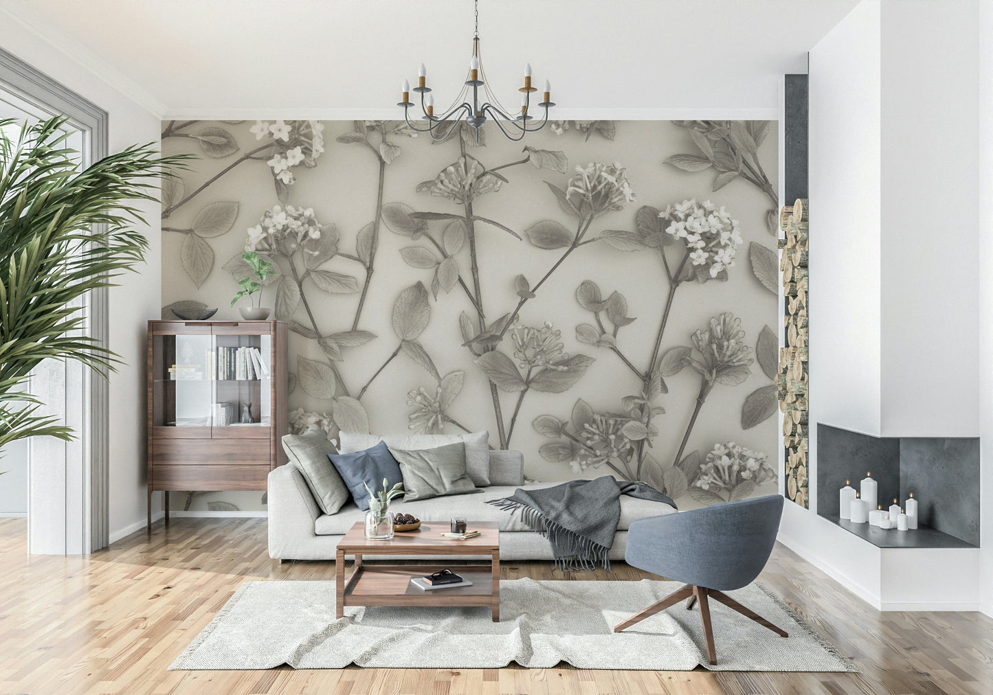 This wallpaper features delicate spring blossoms sketched in soft, muted tones for an elegant look.