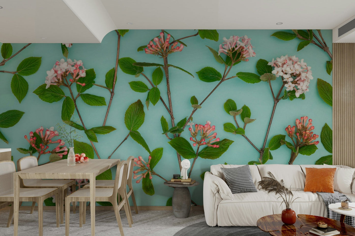 Close-up of Viburnum Juddii blooms on a mural backdrop.

