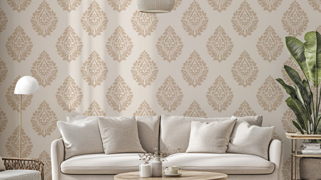 Sophisticated Victorian damask wallpaper in a soft beige tone.