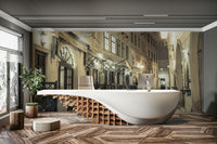 The wall art combines historical architecture with a cozy scene.

