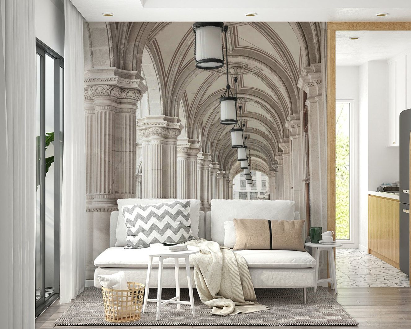 Grand hallway mural wallpaper with arches

