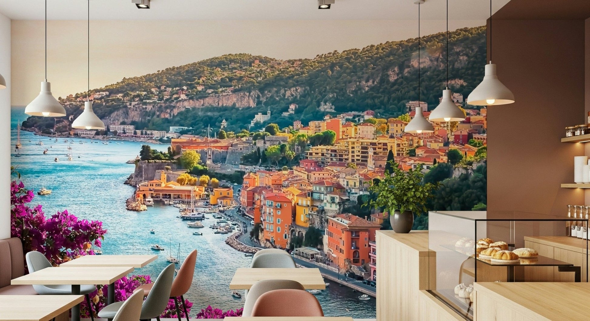 Lush green cliffs Villefranche View peel and stick wallpaper texture.