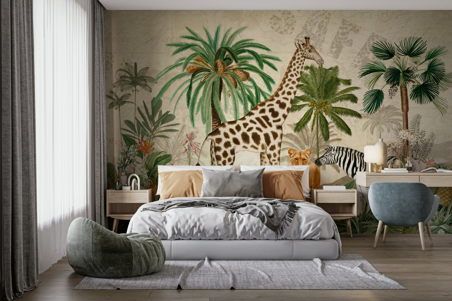 Safari wallpaper with elephants and giraffes

