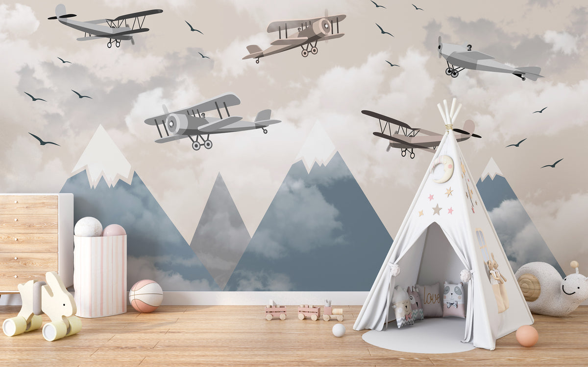 Vintage aircraft flying over mountains wallpaper