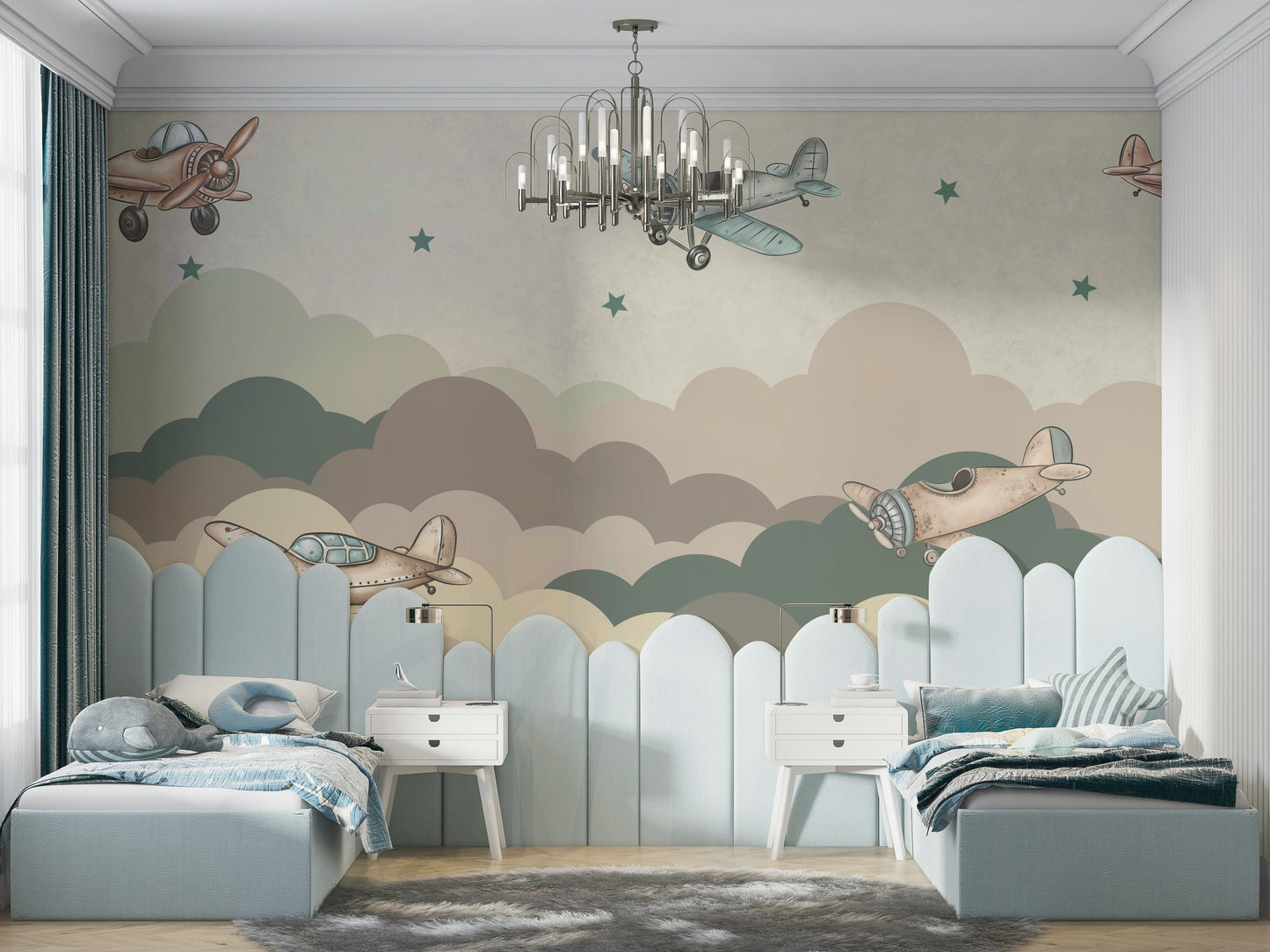 A peaceful wall mural with a whimsical, vintage-themed design.

