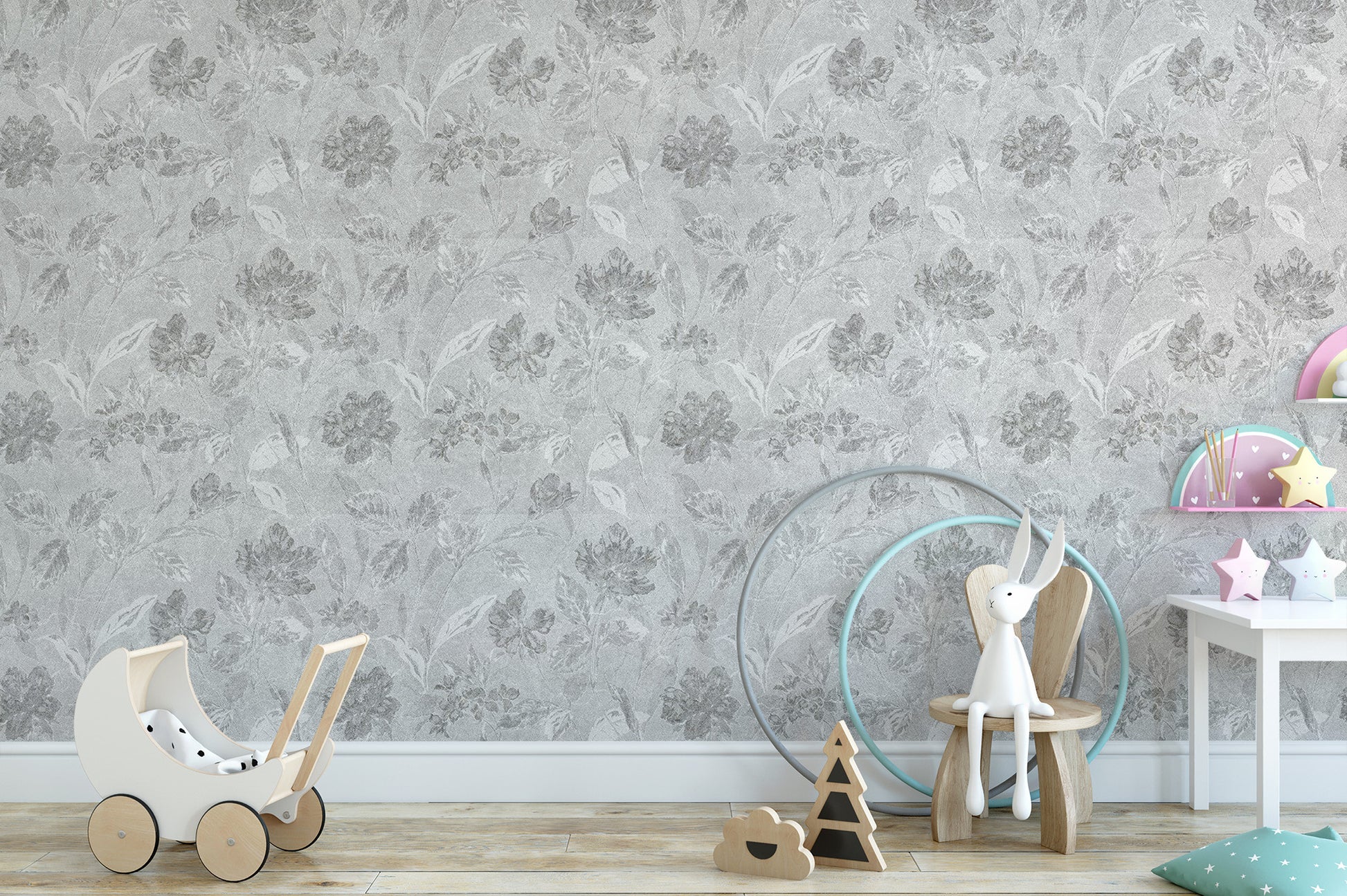 Soft cream background wallpaper mural with faded wildflower garden patterns.
