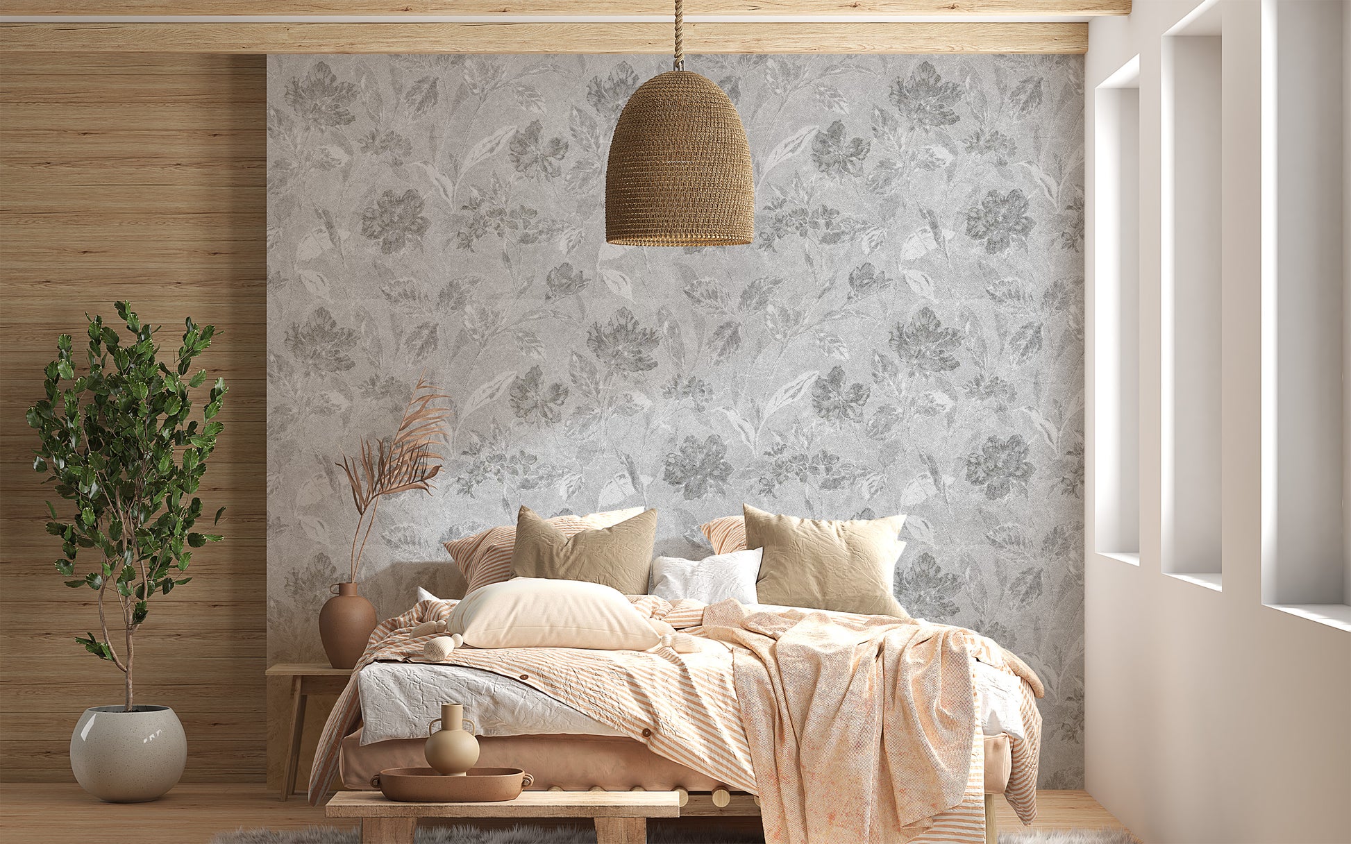 Classic botanical bedroom wall mural showing realistic hand-painted lily illustrations.