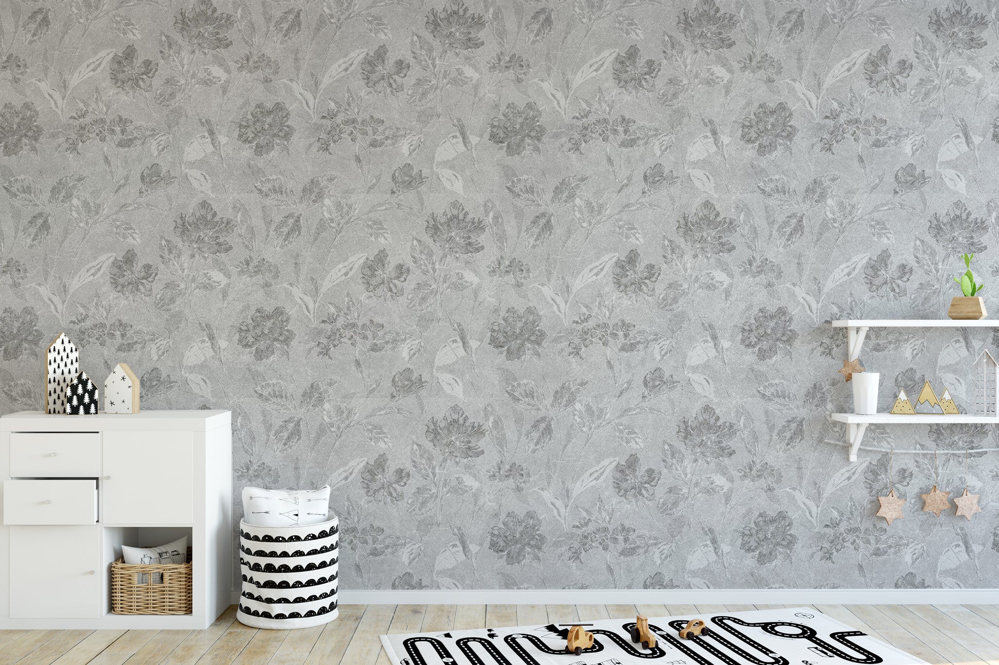 Sophisticated floral wallpaper mural with a dark weathered canvas texture.
