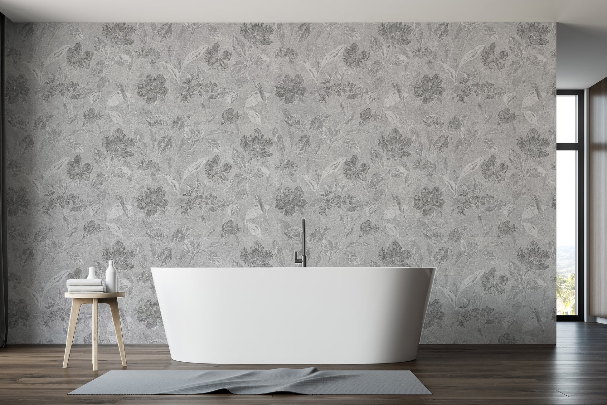 Antique oil painting style bathroom wall mural featuring deep crimson peony blooms.