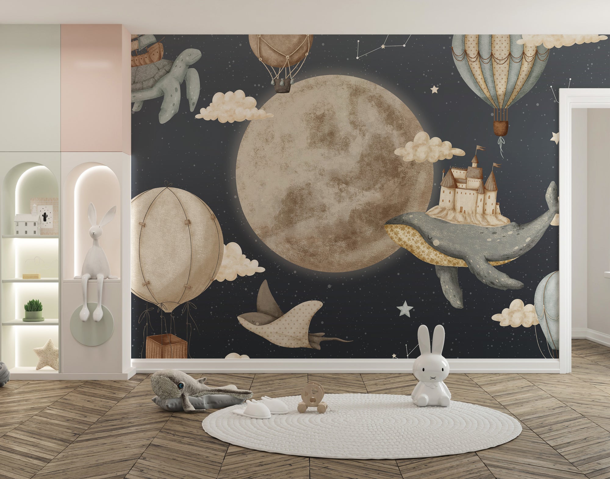 Vintage Balloon wallpaper mural with a big moon and balloons over a navy sky in a playroom with niche shelves and toys