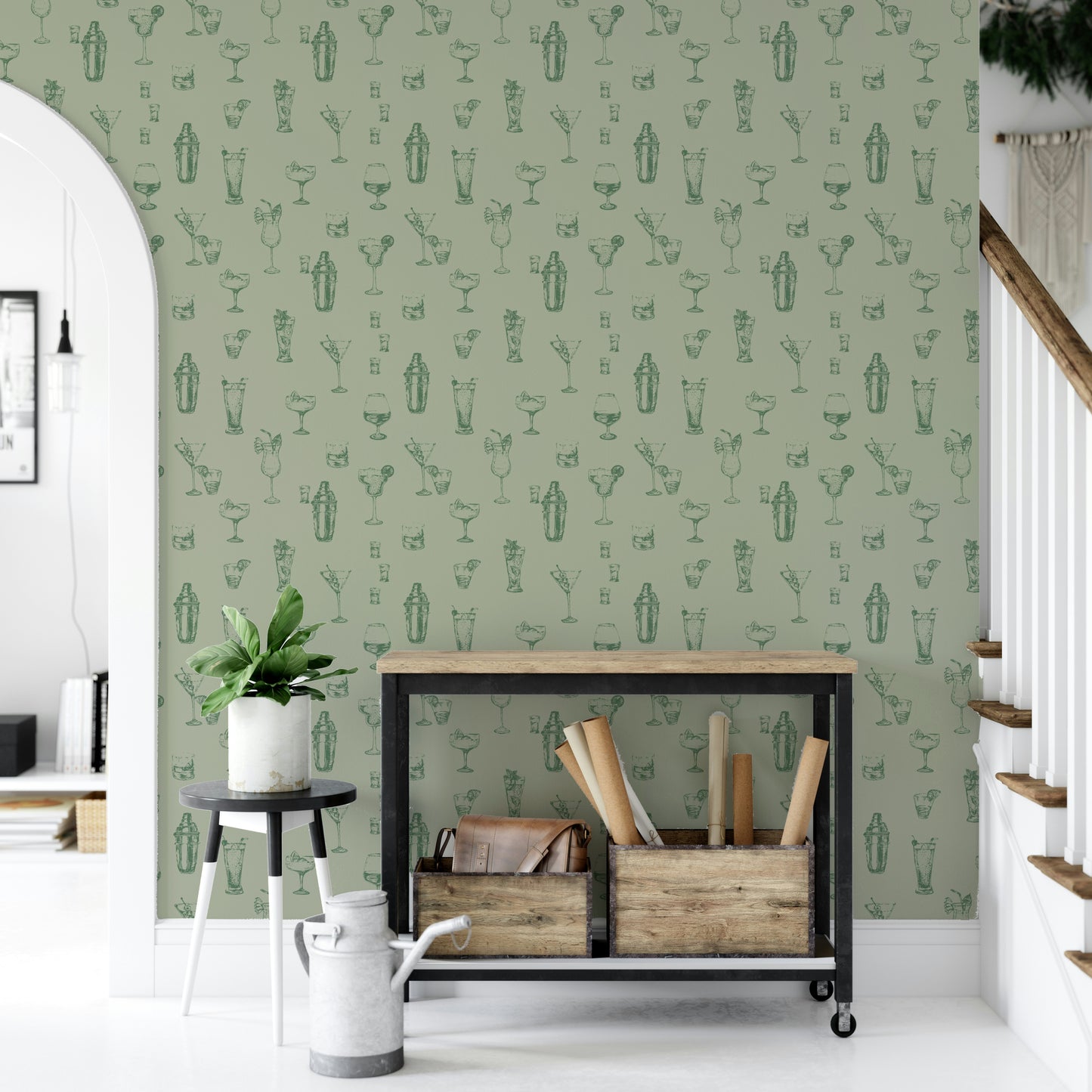 Cozy vintage bar wallpaper with sketch details

