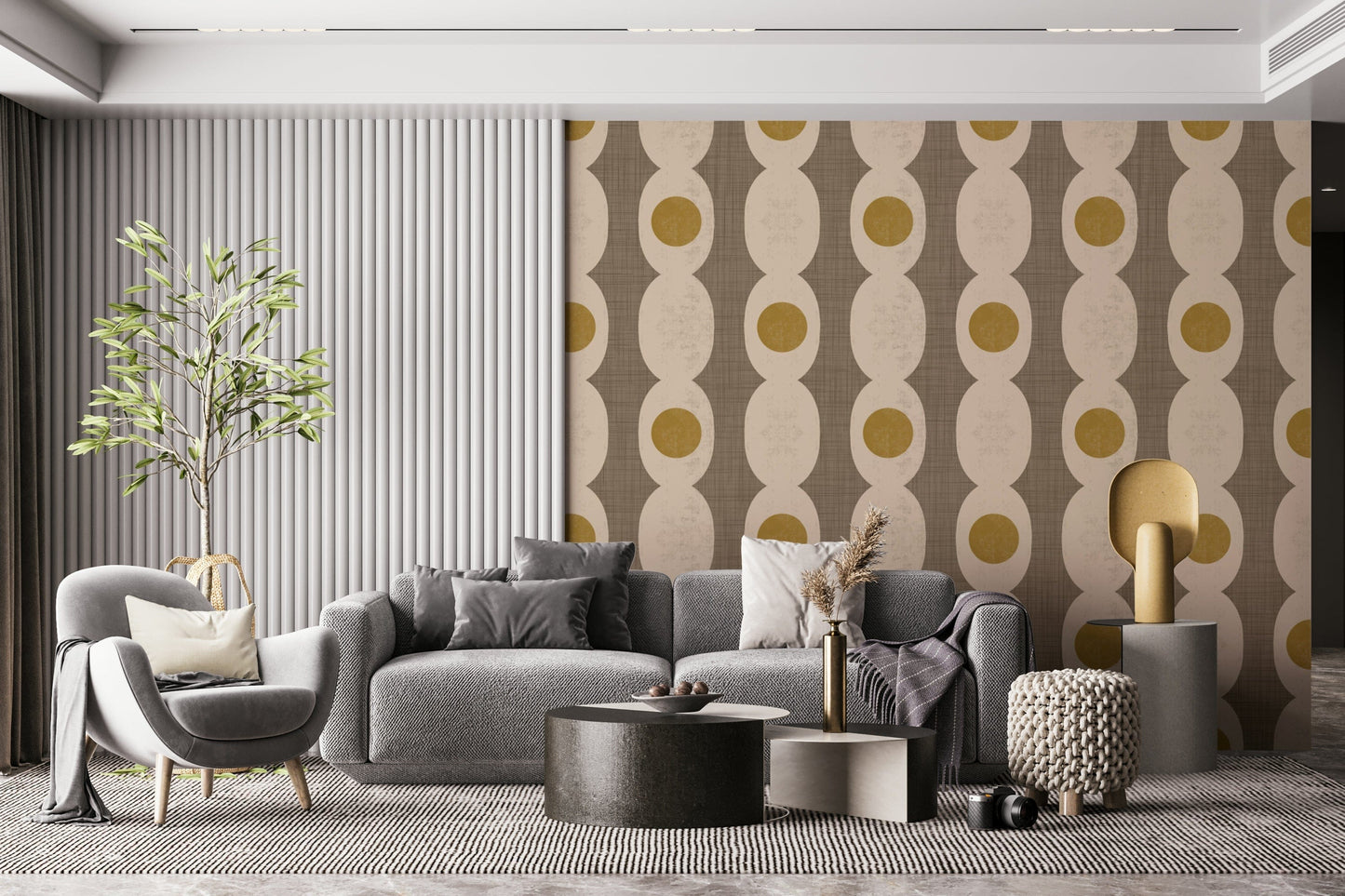 Mid-century modern beige abstract wallpaper with playful atomic motifs.