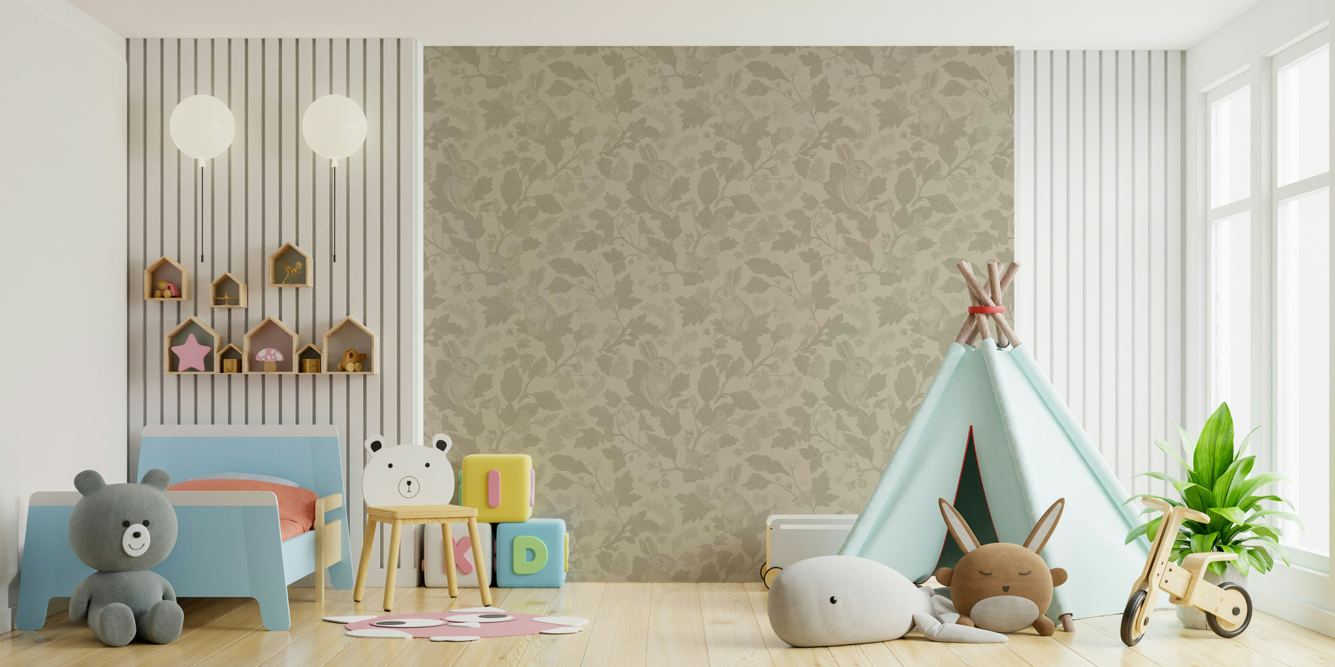 Living room with beige Woodland Garden wallpaper

