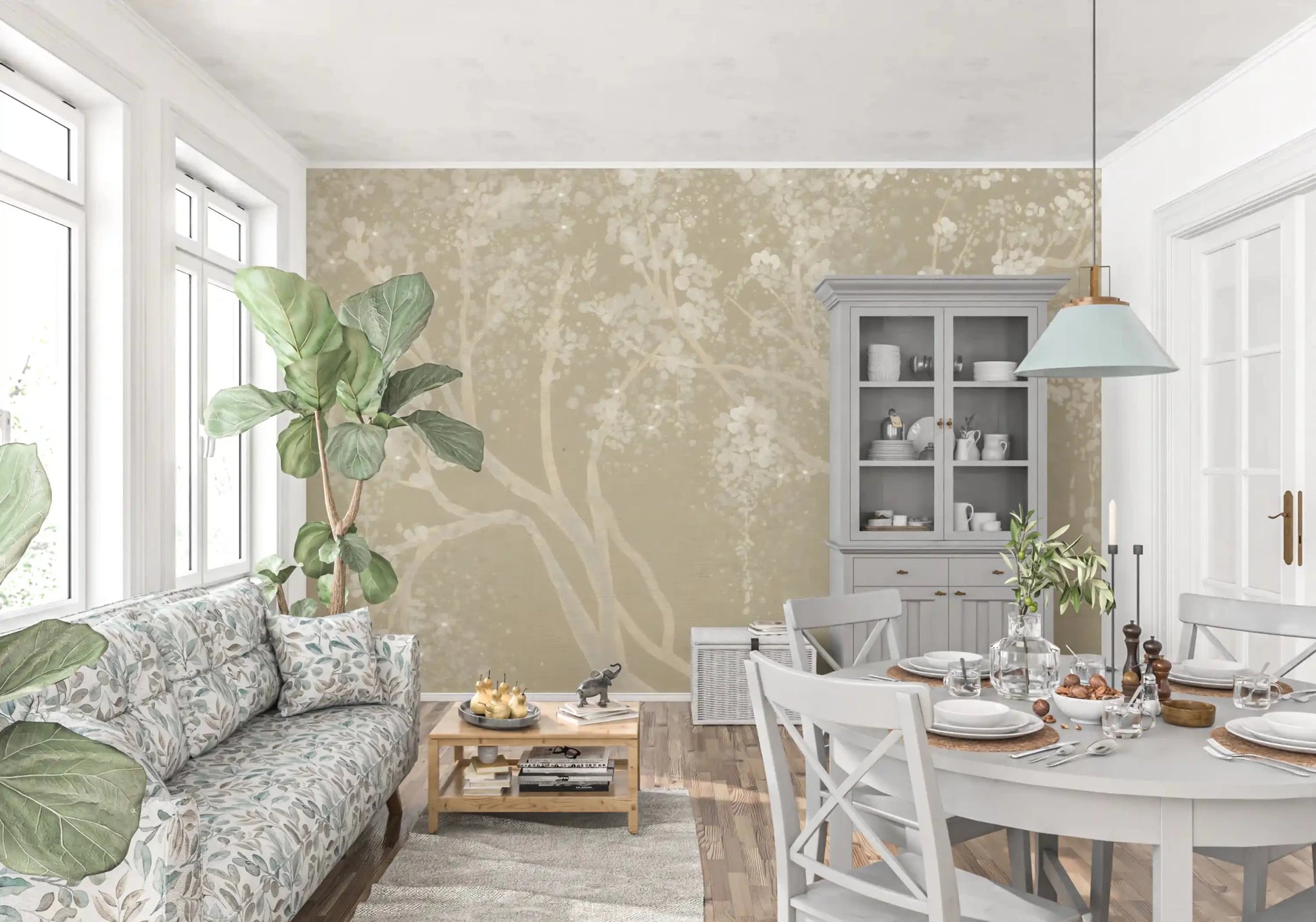 Artistic beige cherry blossom wallpaper pattern for an elegant dining room.