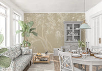 Artistic beige cherry blossom wallpaper pattern for an elegant dining room.