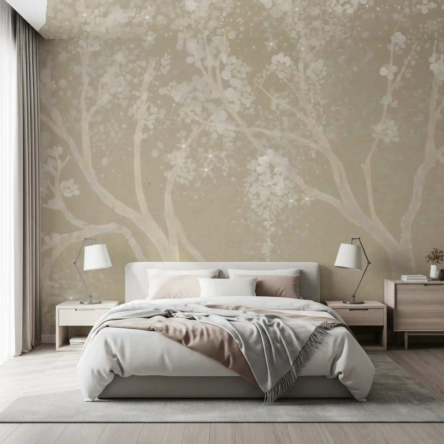 Vintage beige Sakura cherry blossom wallpaper in a modern living room setting.