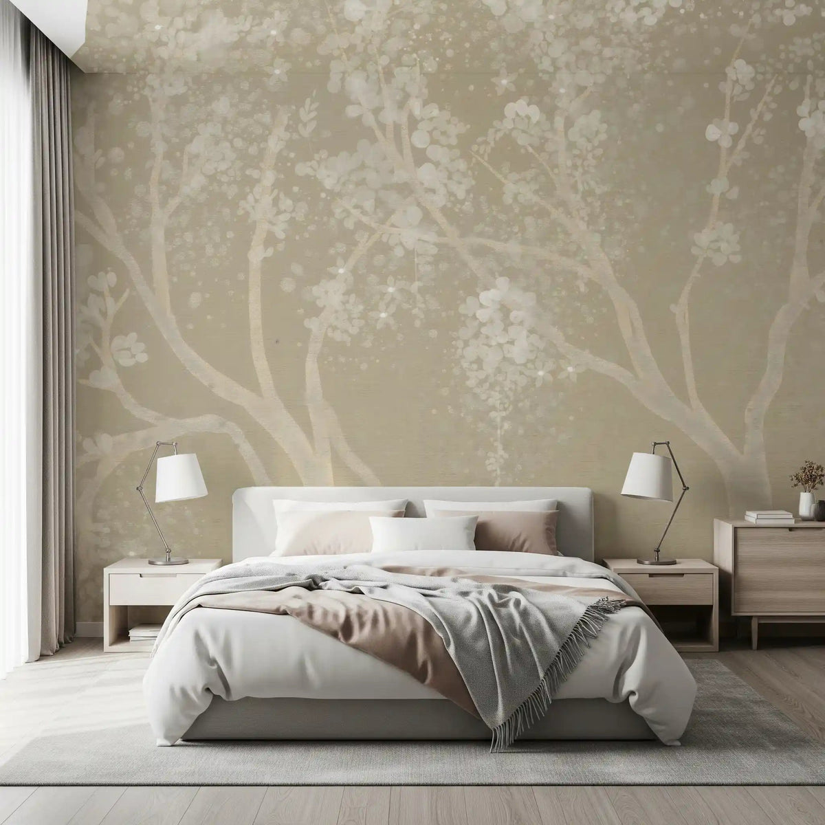 Vintage beige Sakura cherry blossom wallpaper in a modern living room setting.