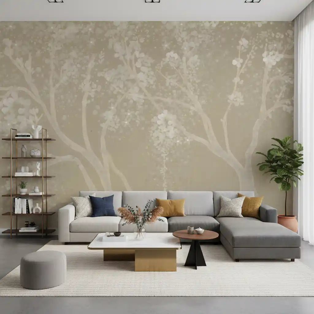 Pastel beige floral wall covering for a cozy hallway with cherry blossom motifs.