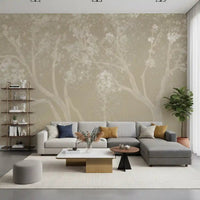 Pastel beige floral wall covering for a cozy hallway with cherry blossom motifs.