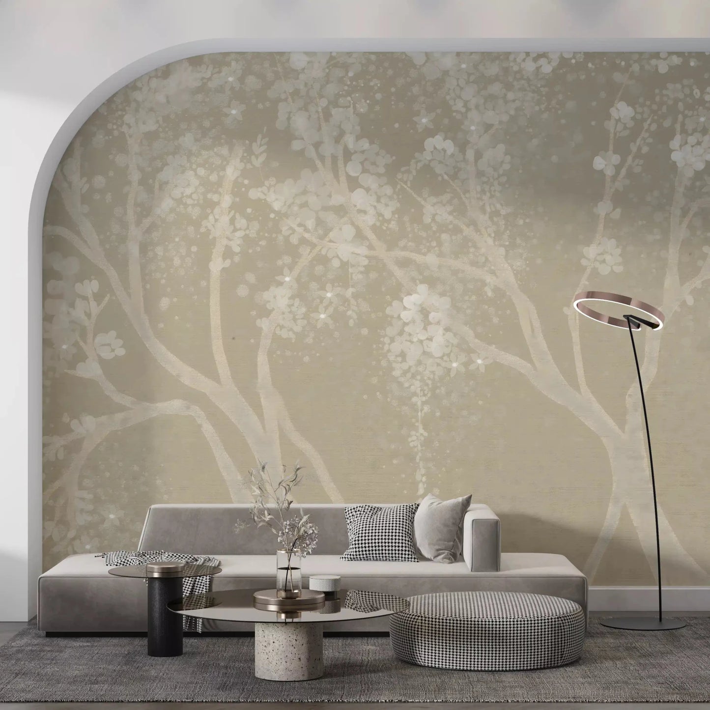 Soft beige floral wallpaper featuring delicate cherry blossoms on an accent Living wall.