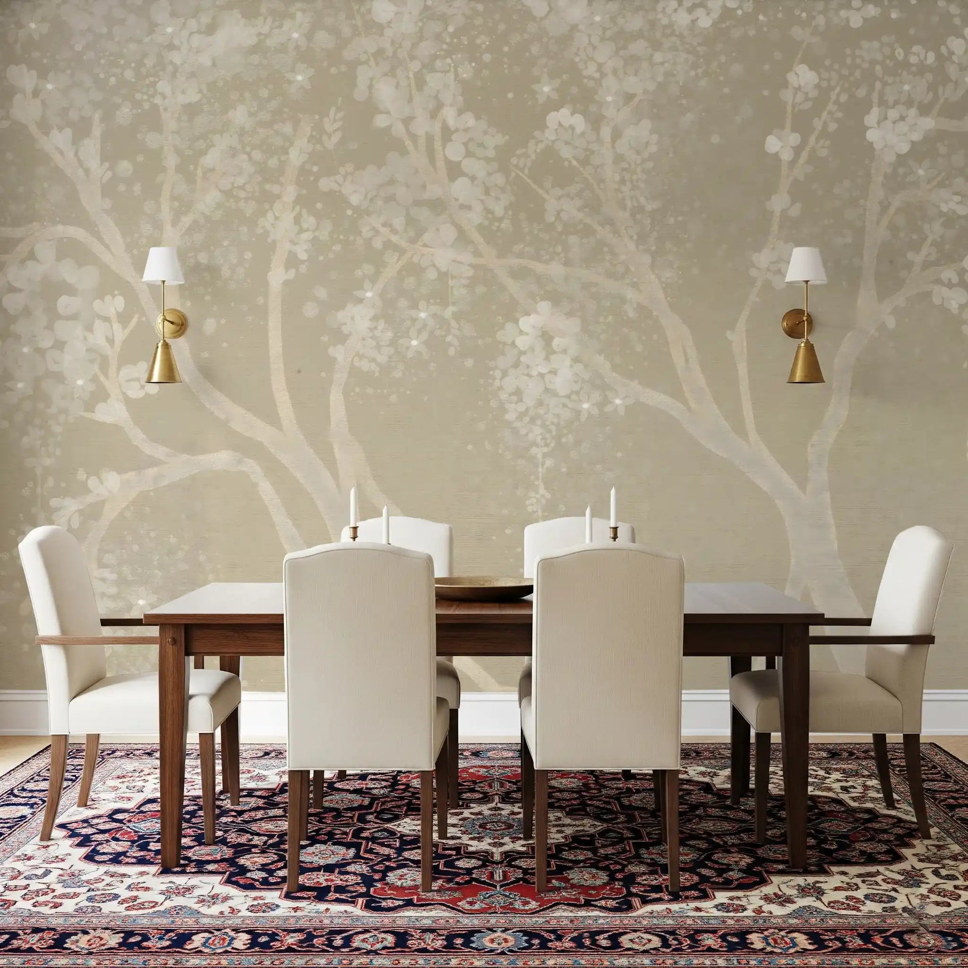 Modern Dining room wall decor with a vintage Sakura cherry blossom mural wallpaper.