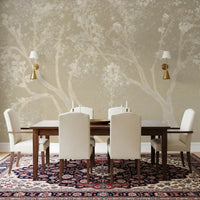 Modern Dining room wall decor with a vintage Sakura cherry blossom mural wallpaper.