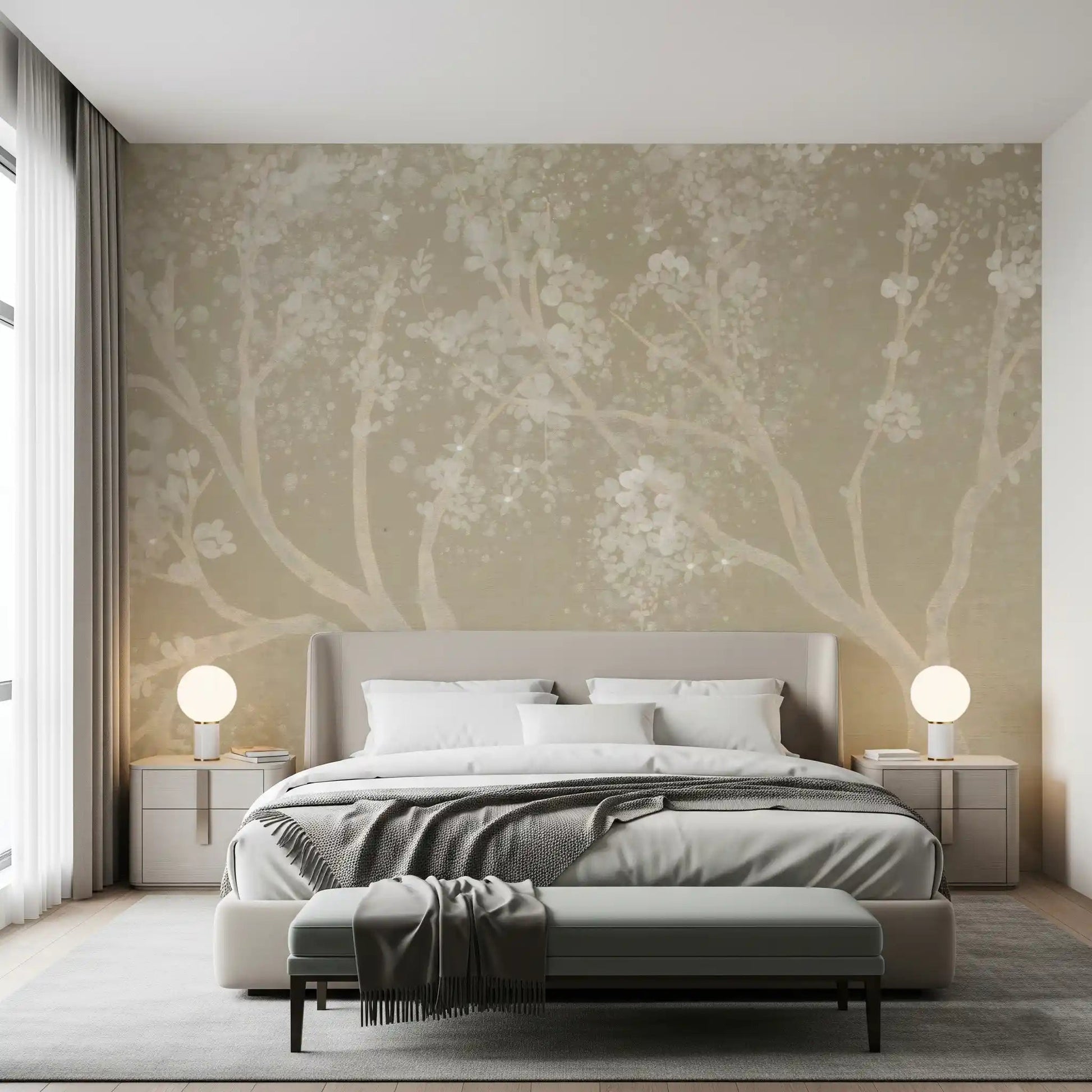 Sophisticated apartment wallpaper mural with vintage Sakura floral patterns.