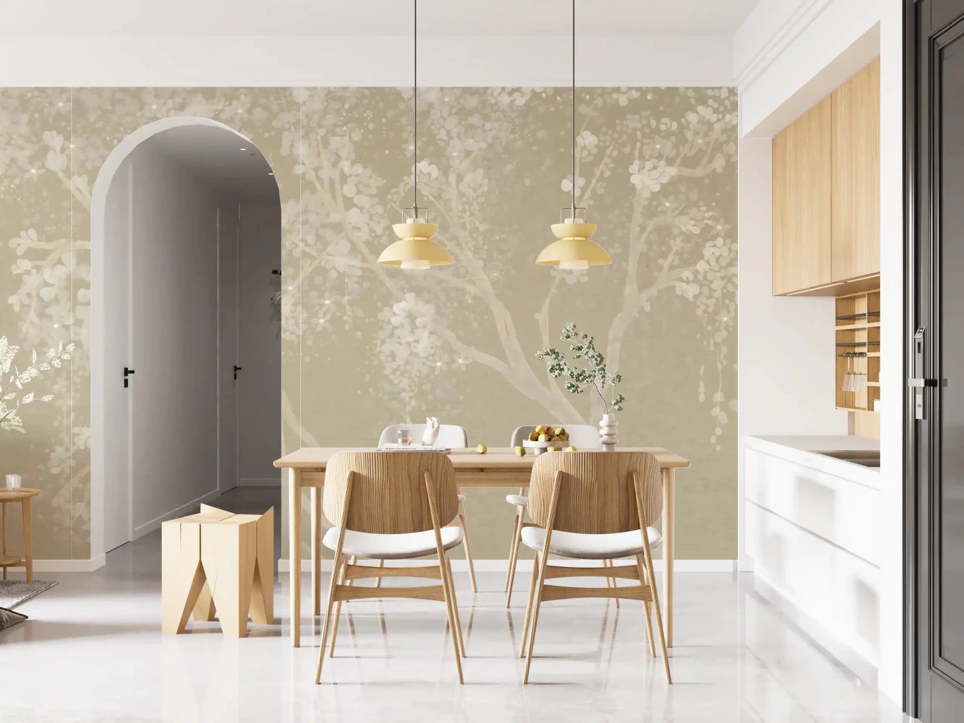 Feature wall styled with a vintage beige cherry blossom mural wallpaper design.