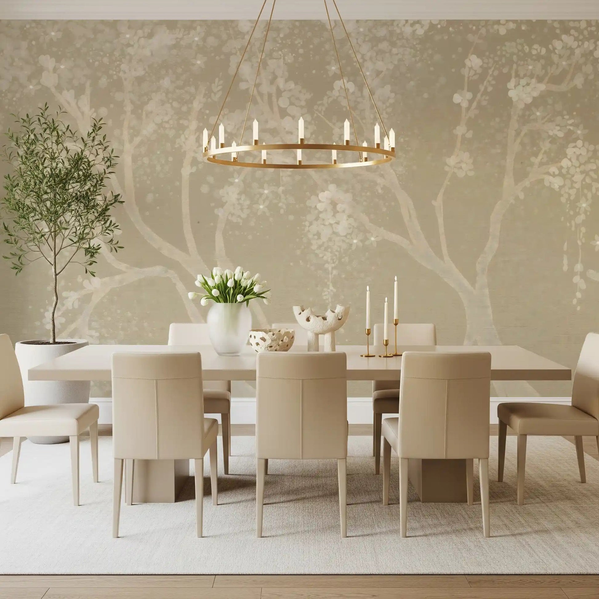 Minimalist beige wall mural with cherry blossom branches for home Dining decor.