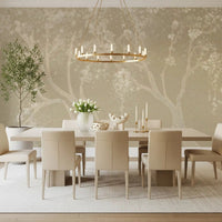 Minimalist beige wall mural with cherry blossom branches for home Dining decor.
