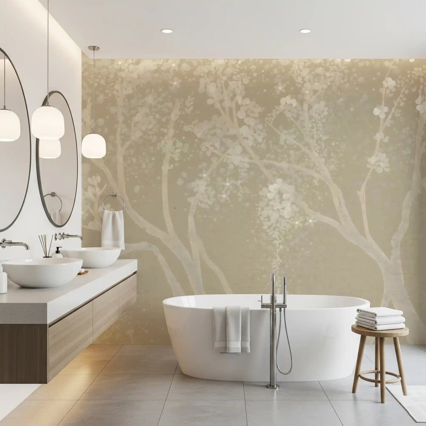 Soft colored floral wallpaper with Sakura branches for a modern interior bathroom space.