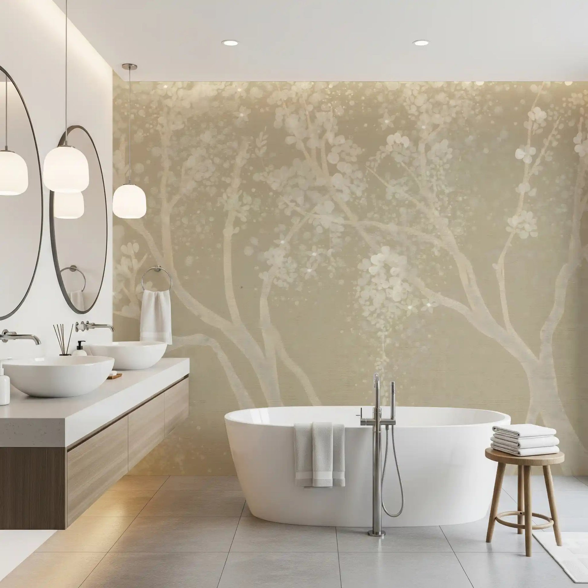 Soft colored floral wallpaper with Sakura branches for a modern interior bathroom space.