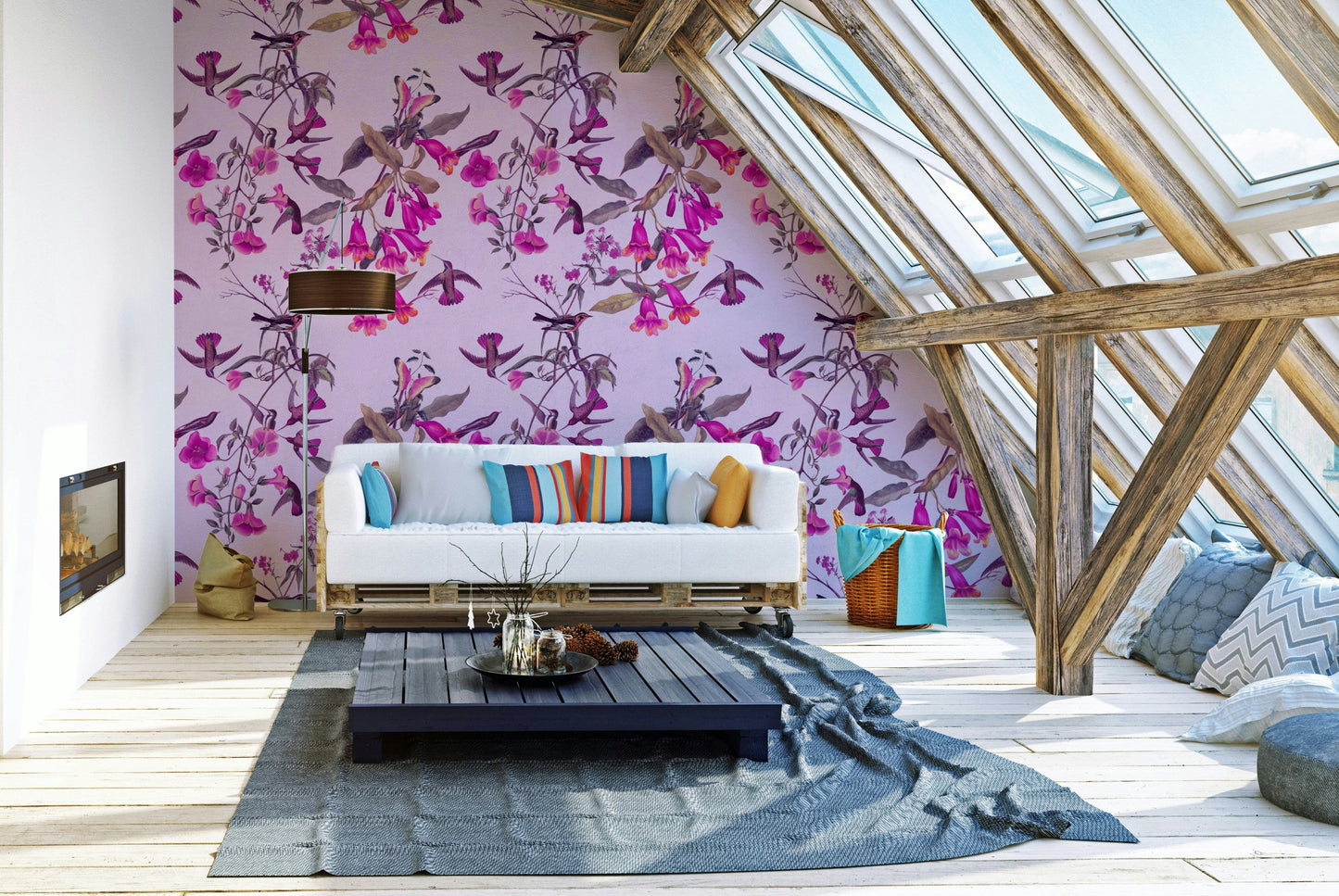 A calming aviary design wallpaper mural that defines a space.

