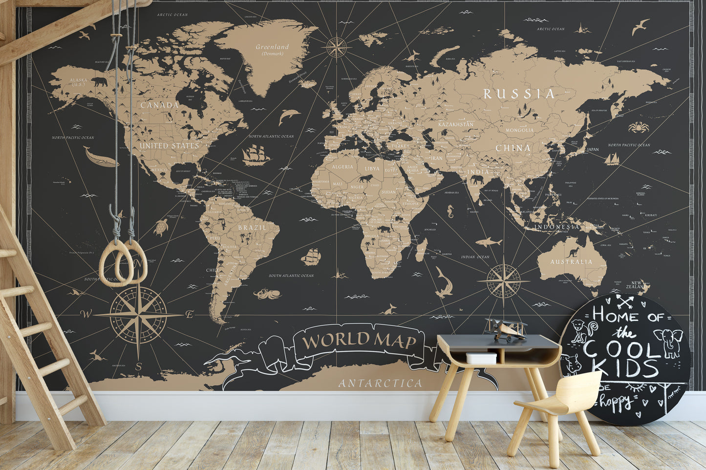 Stylish world map mural in black tones
