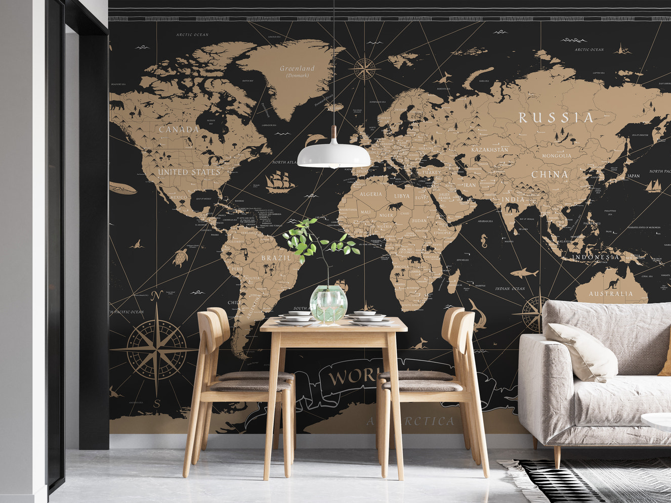 Classic world map wallpaper in gold tones
