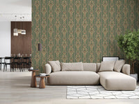 Traditional heritage stripe wallpaper for a primary suite hallway.