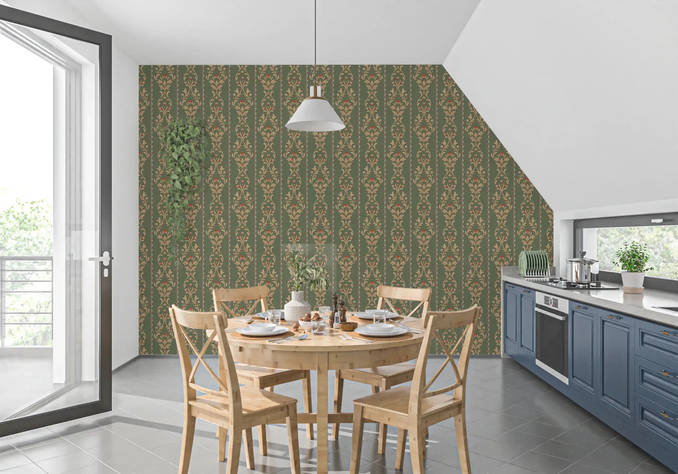 Sage green floral stripe wallpaper for a traditional American dining room.