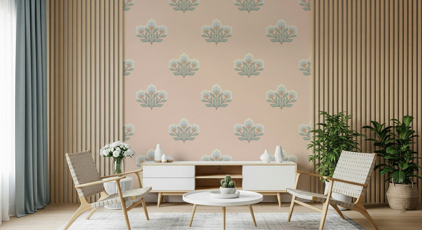 Timeless botanical repeat wallpaper for walls soft muted tones.