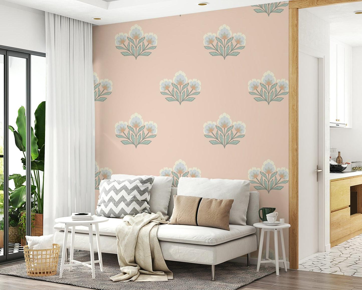 Light airy wall mural stylized primrose bouquet repeat motif.