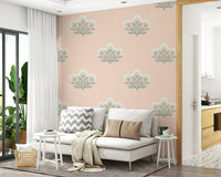 Light airy wall mural stylized primrose bouquet repeat motif.