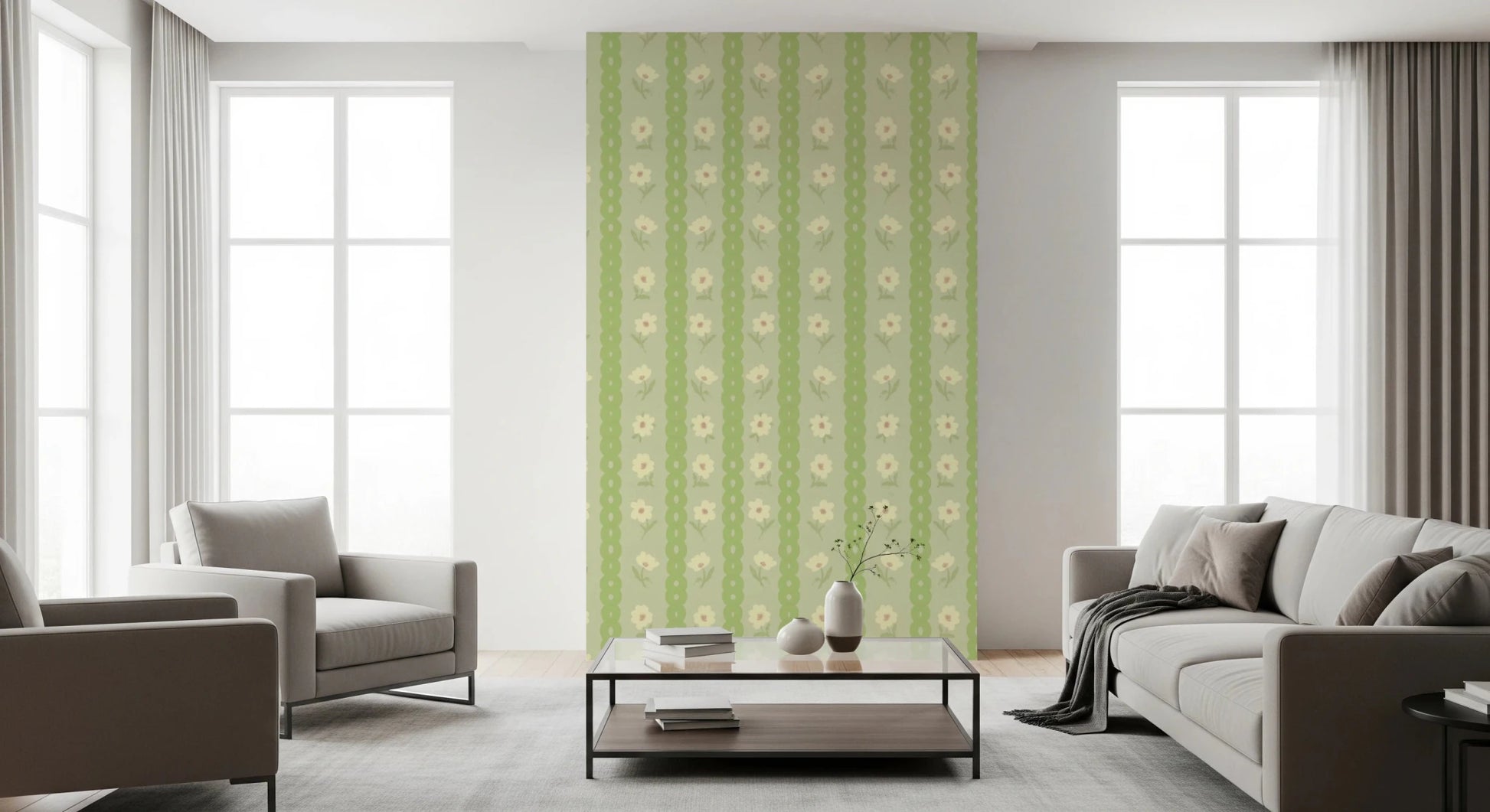 Vintage Bloom Rows wallpaper mural in a living room between windows behind a beige sofa and armchair, green stripes