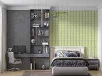 Vintage Bloom Rows wallpaper mural in a teen bedroom with grey desk and zebra-print bed, green daisy stripes
