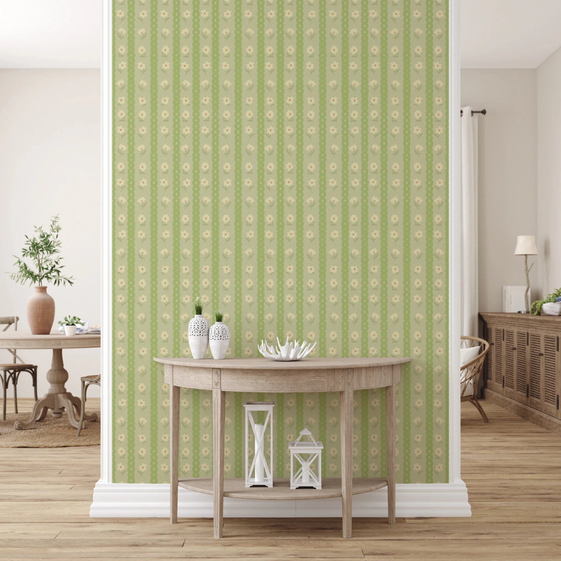 Vintage Bloom Rows wallpaper mural in an entryway behind a wood demilune console, green and cream daisy stripes