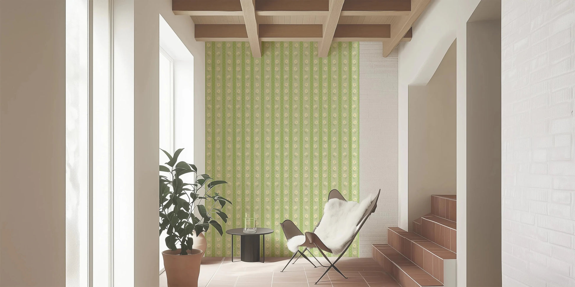 Vintage Bloom Rows wallpaper mural in a sunroom with a sling chair and sheepskin under beamed ceiling, green stripes